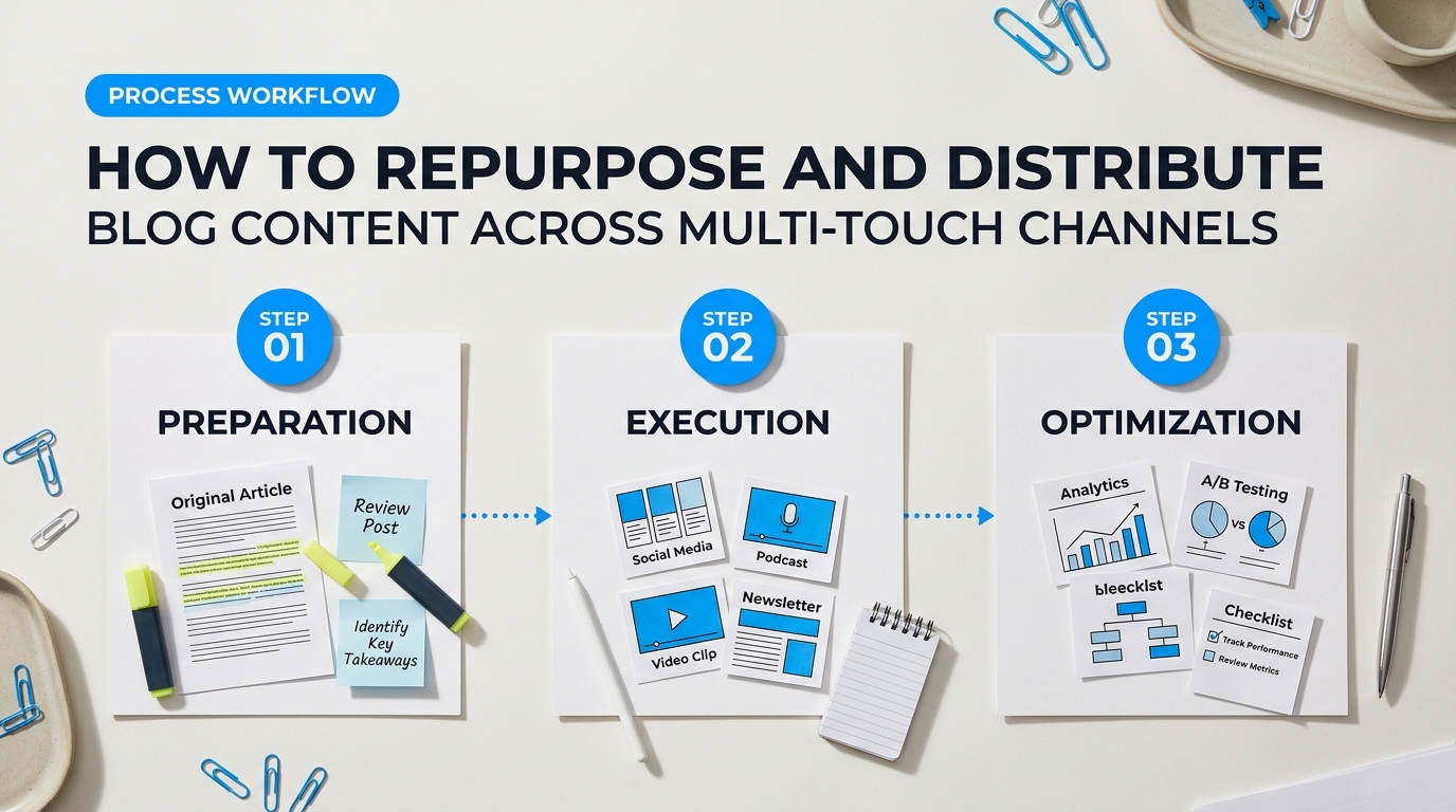 Infographic visual diagram explaining How to Repurpose and Distribute Blog Content Across Multi-Touch Channels in relation to professional blog content strategy