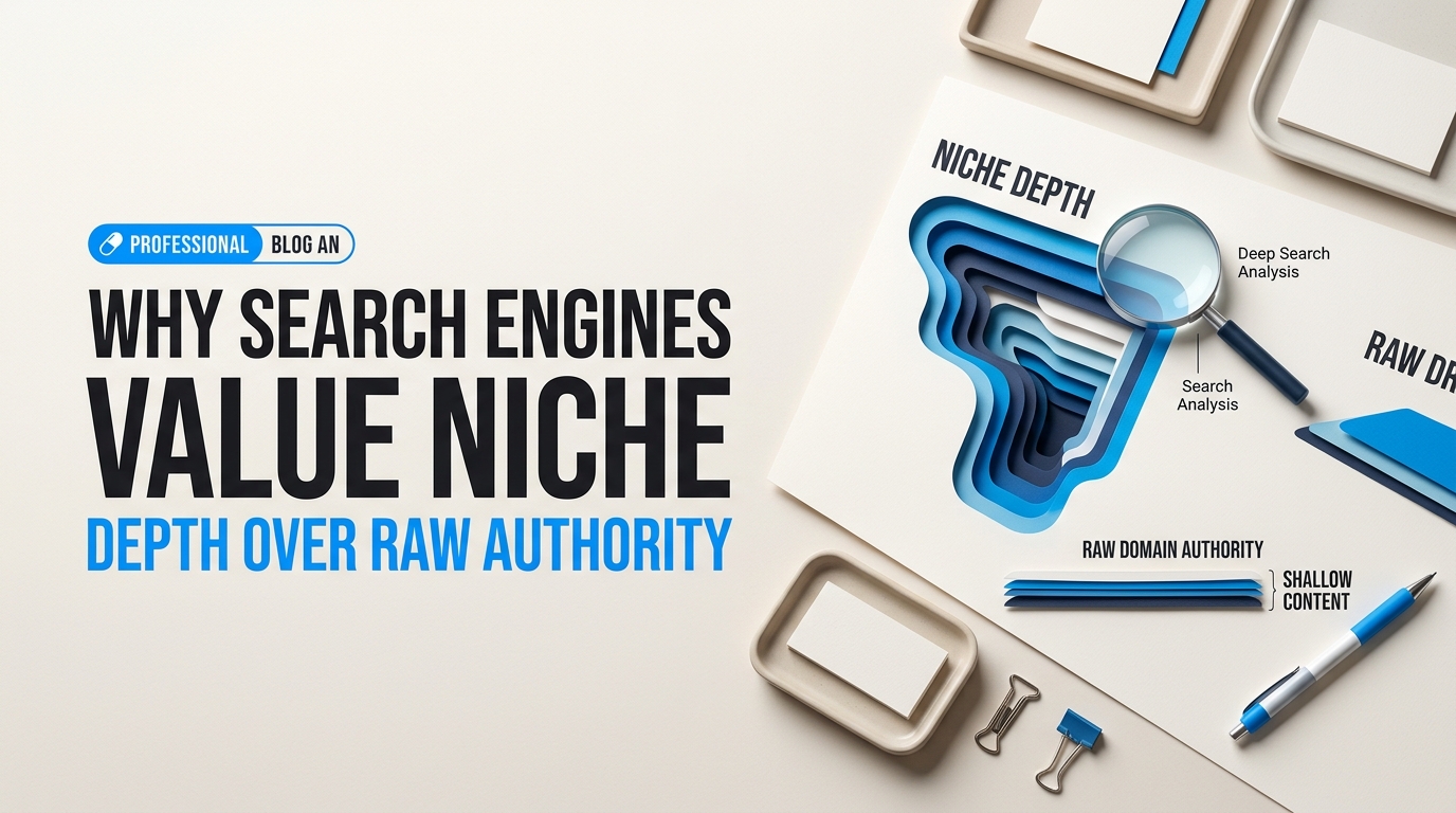 Detailed conceptual illustration explaining Why Search Engines Value Niche Depth Over Raw Domain Authority in relation to how to build blog authority with low dr