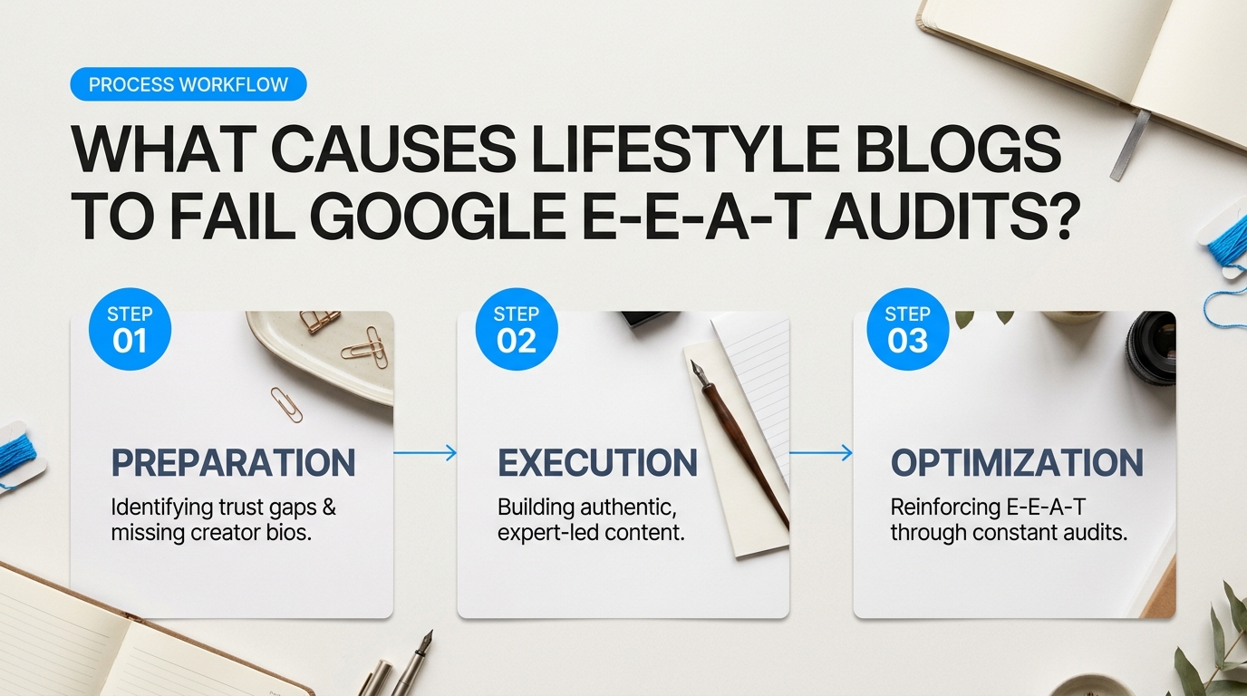 Process breakdown diagram explaining What Causes Lifestyle Blogs to Fail Google E-E-A-T Audits? in relation to eeat guidelines for lifestyle blogs