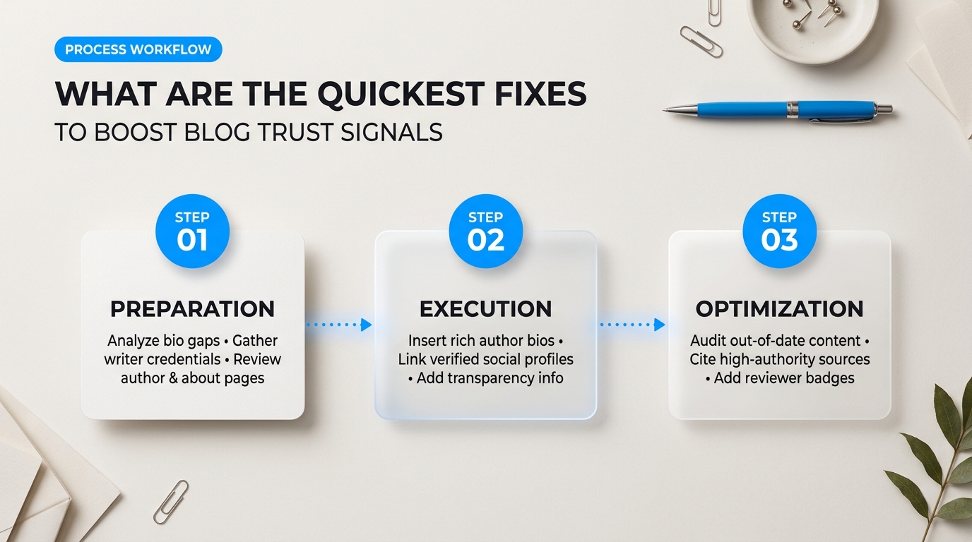 Process breakdown diagram explaining What Are the Quickest Fixes to Instantly Boost Blog Trust Signals? in relation to eeat guidelines for lifestyle blogs
