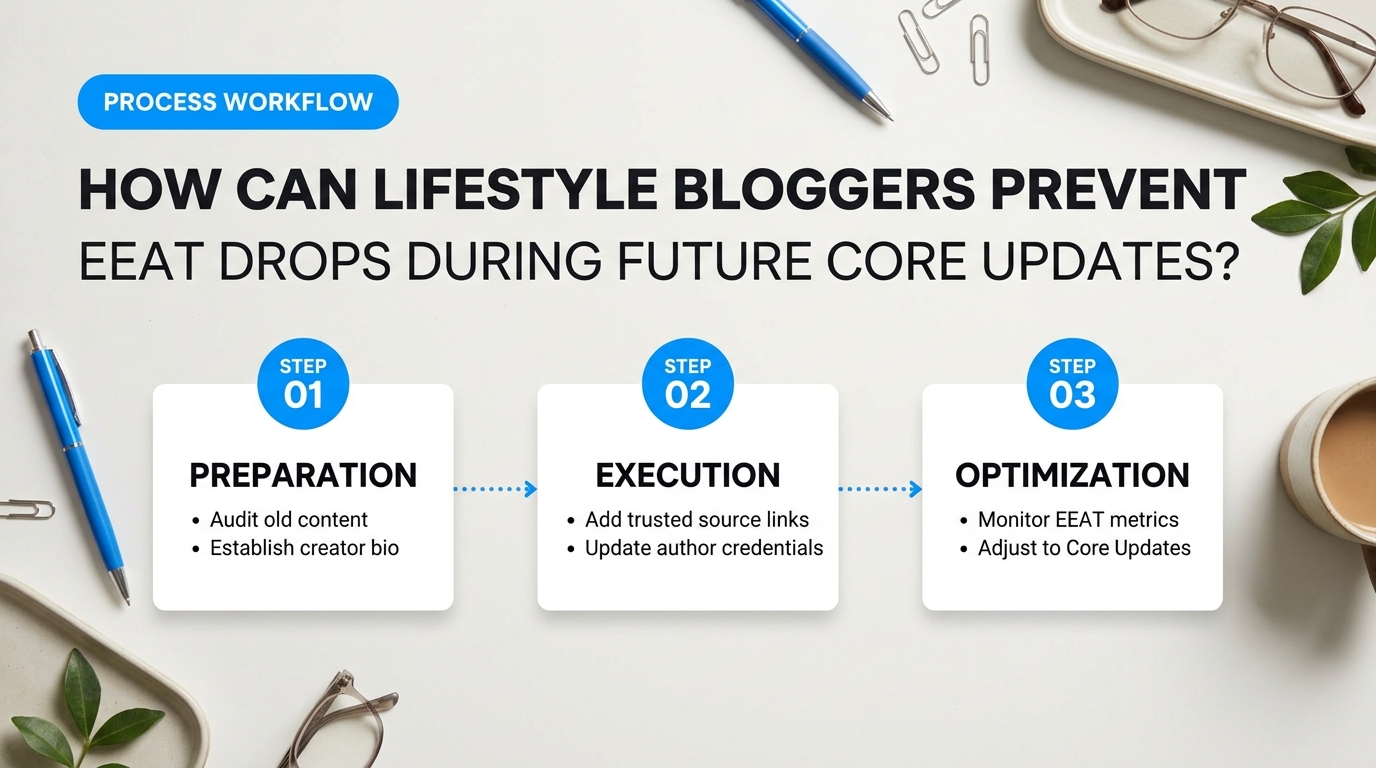 Process breakdown diagram explaining How Can Lifestyle Bloggers Prevent EEAT Drops During Future Core Updates? in relation to eeat guidelines for lifestyle blogs