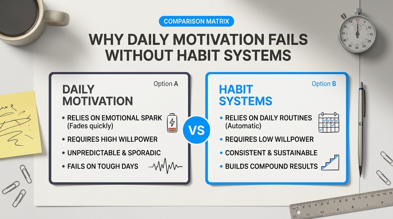 Comparison chart illustration explaining Why Relying on Daily Motivation vs Habit Systems Backfires