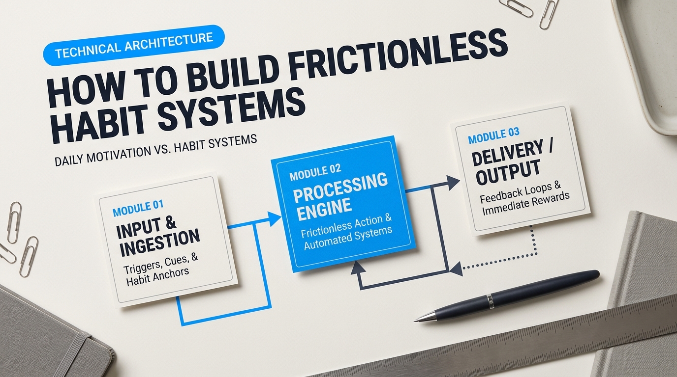 Process breakdown diagram explaining How to Build Frictionless Habit Systems That Run on Autopilot in relation to daily motivation vs habit systems