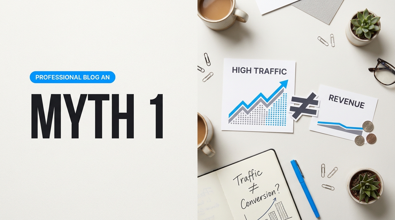 Detailed conceptual illustration explaining Myth 1: Does High Traffic Automatically Translate to Reliable Blog Revenue? in relation to why lifestyle blogs fail to convert