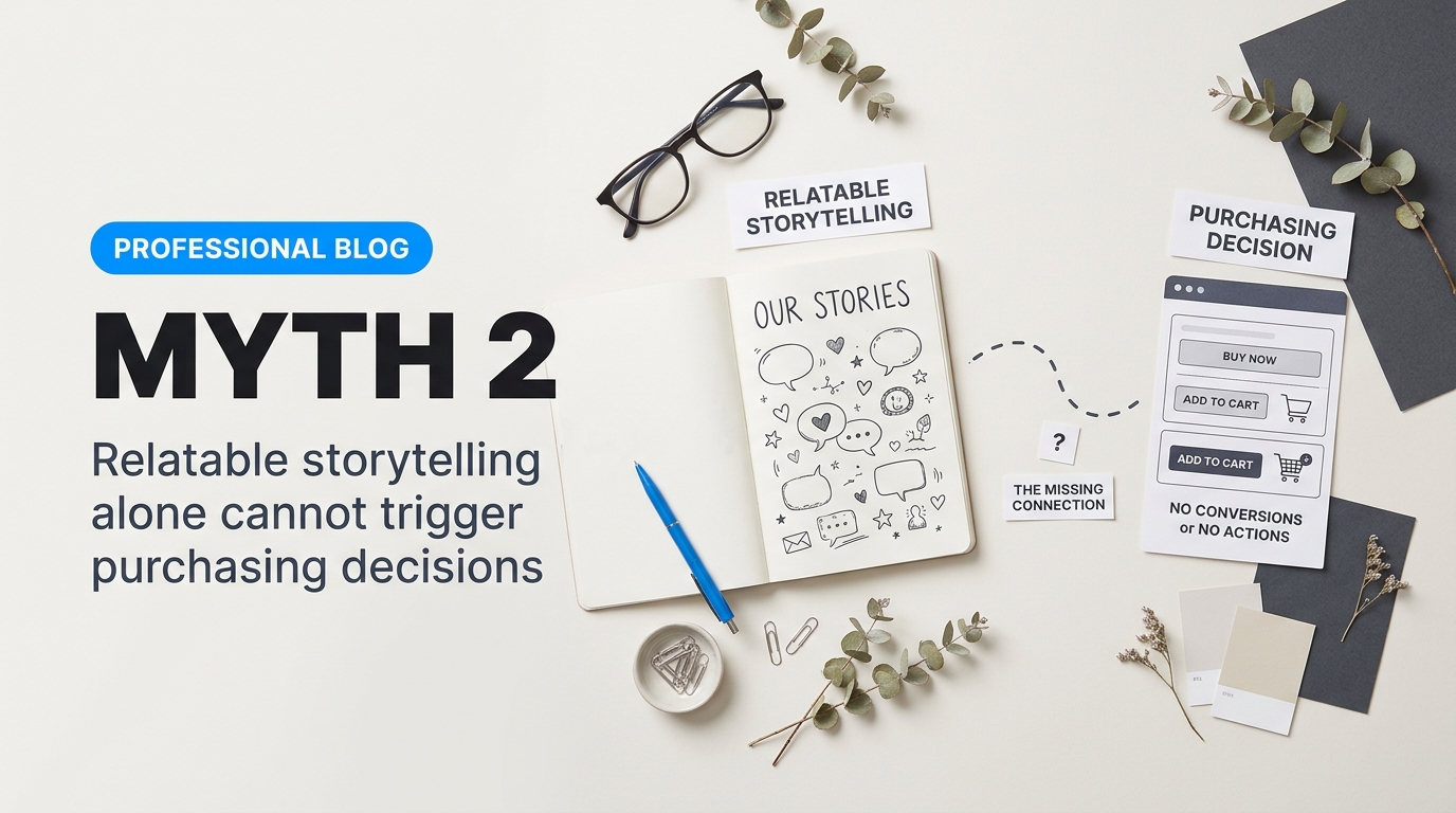 Detailed conceptual illustration explaining Myth 2: Why Relatable Storytelling Alone Cannot Trigger Purchasing Decisions in relation to why lifestyle blogs fail to convert