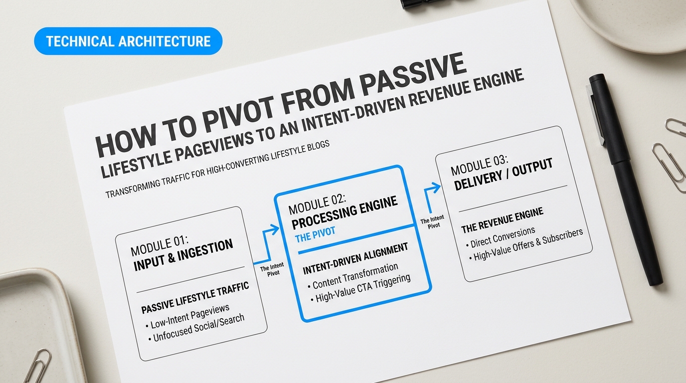 Process breakdown diagram explaining How to Pivot from Passive Lifestyle Pageviews to an Intent-Driven Revenue Engine in relation to why lifestyle blogs fail to convert
