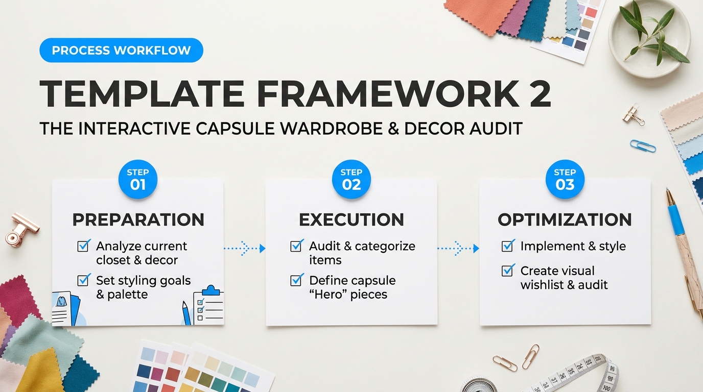 Process breakdown diagram explaining Template Framework 2: The Interactive Capsule Wardrobe and Decor Audit in relation to lifestyle blog lead magnet templates