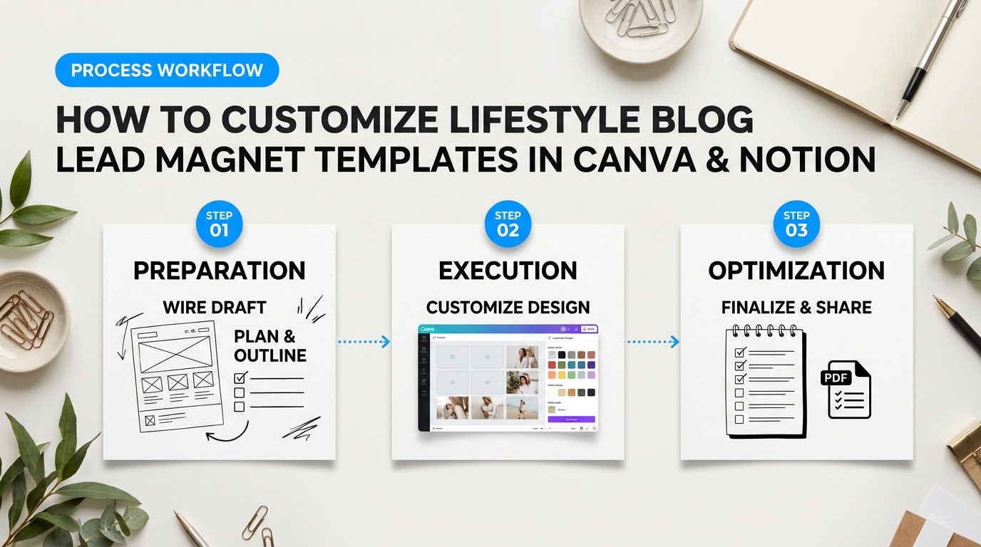 Process breakdown diagram explaining How to Customize Lifestyle Blog Lead Magnet Templates in Canva and Notion