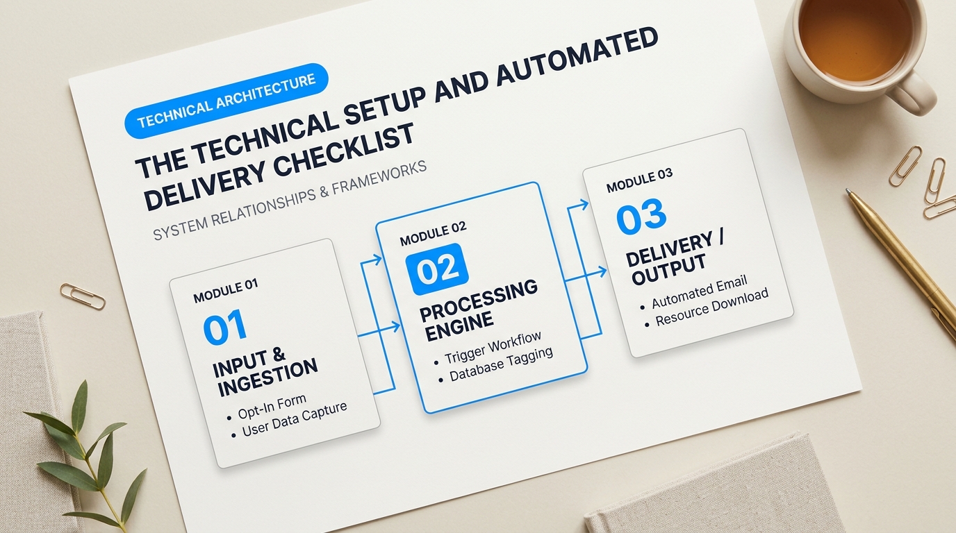 Process breakdown diagram explaining The Technical Setup and Automated Delivery Checklist in relation to lifestyle blog lead magnet templates