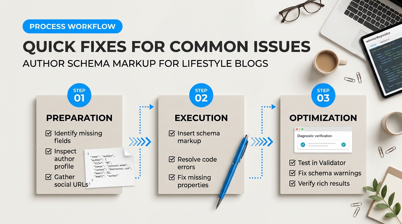 Process breakdown diagram explaining Quick Fixes for Common Issues in Author Schema Markup for Lifestyle Blogs