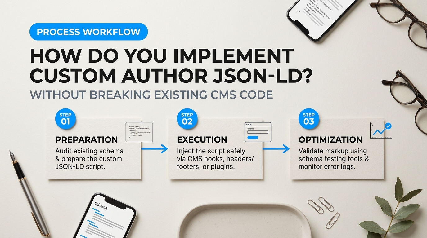 Process breakdown diagram explaining How Do You Implement Custom Author JSON-LD Without Breaking Existing CMS Code? in relation to author schema markup for lifestyle blogs