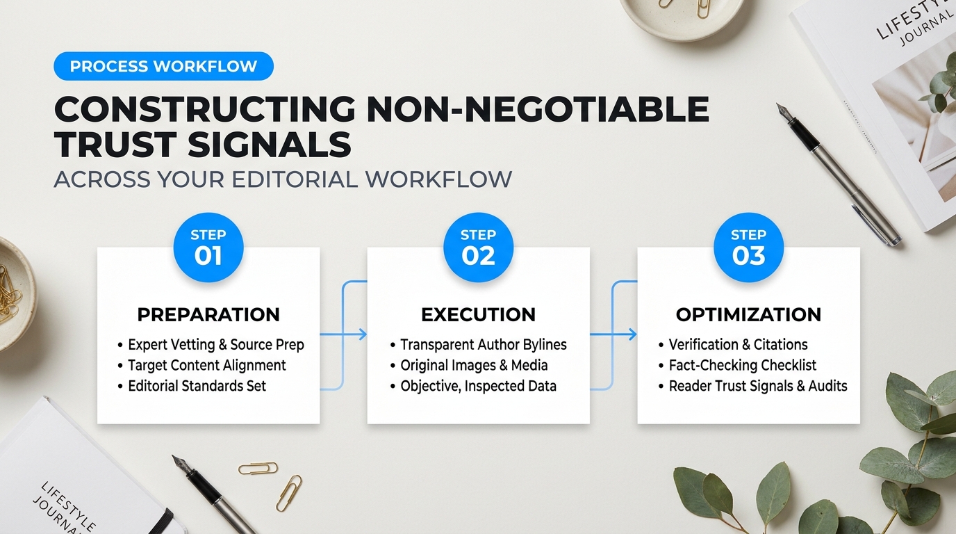 Infographic visual diagram explaining Constructing Non-Negotiable Trust Signals Across Your Editorial Workflow in relation to eeat content optimization for lifestyle blogs