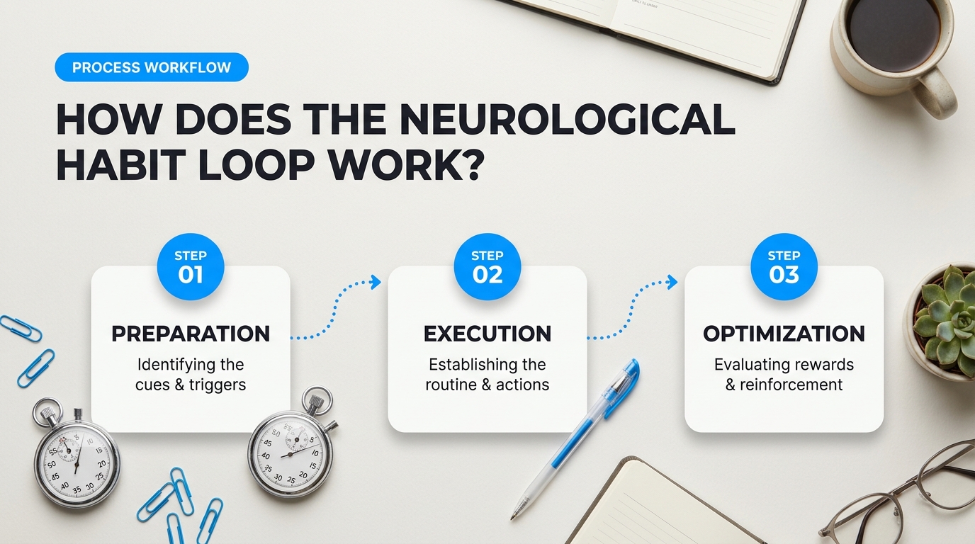 Infographic visual diagram explaining How Does the Neurological Habit Loop Actually Work? in relation to how to build lasting daily habits