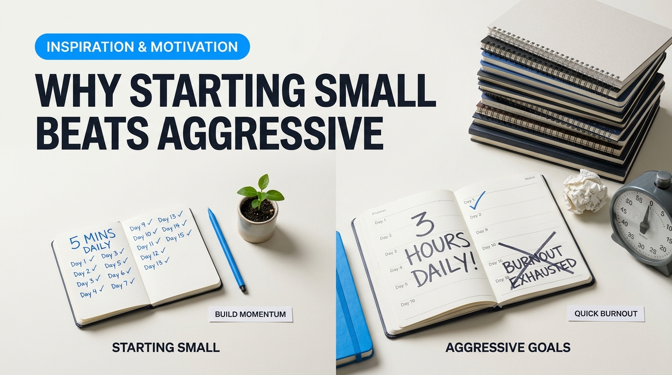 Infographic visual diagram explaining Why Starting Small Beats Aggressive Goal-Setting Every Time in relation to how to build lasting daily habits