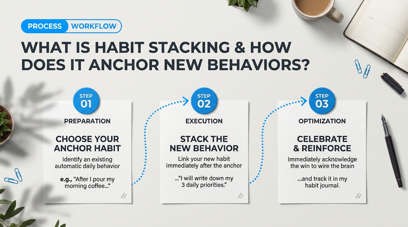Infographic visual diagram explaining What Is Habit Stacking and How Does It Anchor New Behaviors? in relation to how to build lasting daily habits
