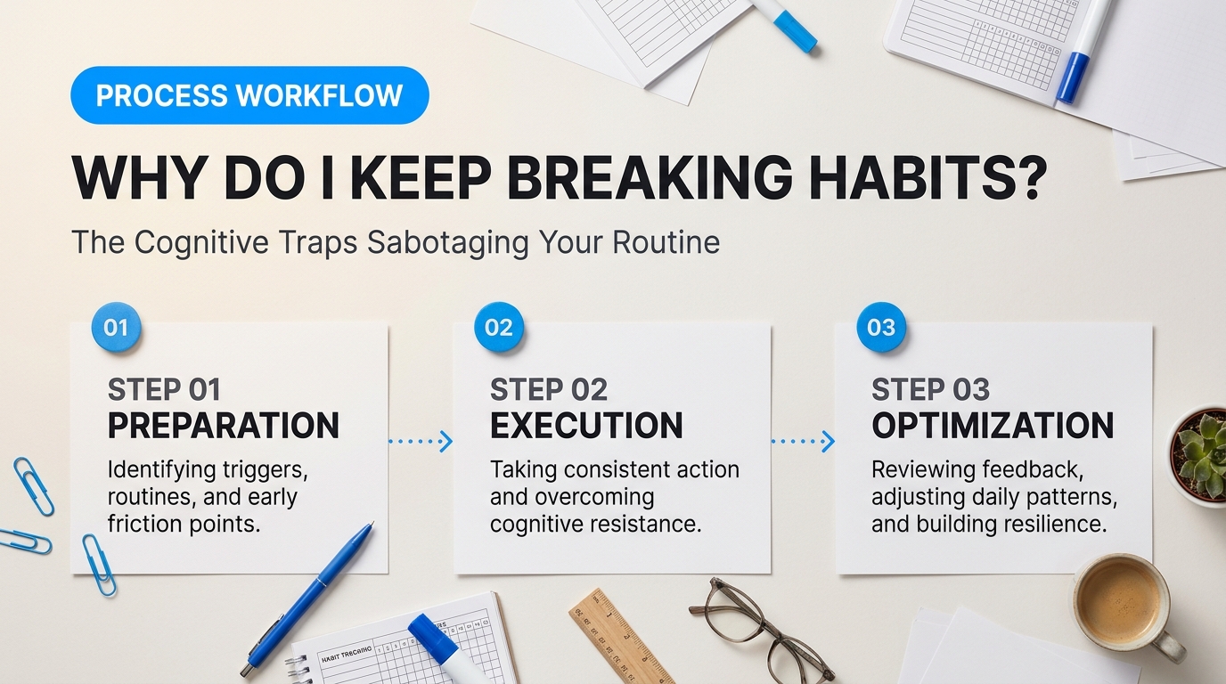 Process breakdown diagram explaining Why Do I Keep Breaking Habits? The Cognitive Traps Sabotaging Your Routine