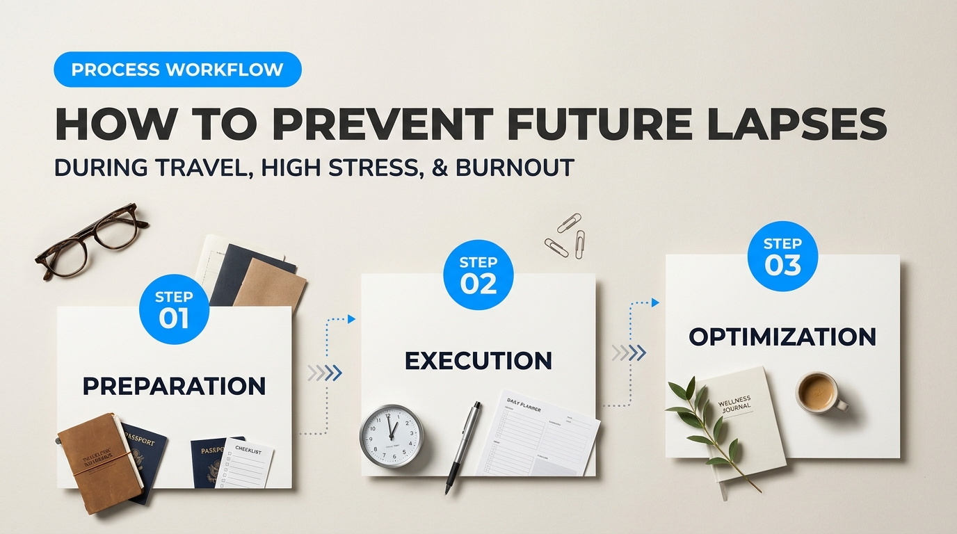 Process breakdown diagram explaining How to Prevent Future Lapses During Travel, High Stress, and Burnout in relation to why do I keep breaking habits