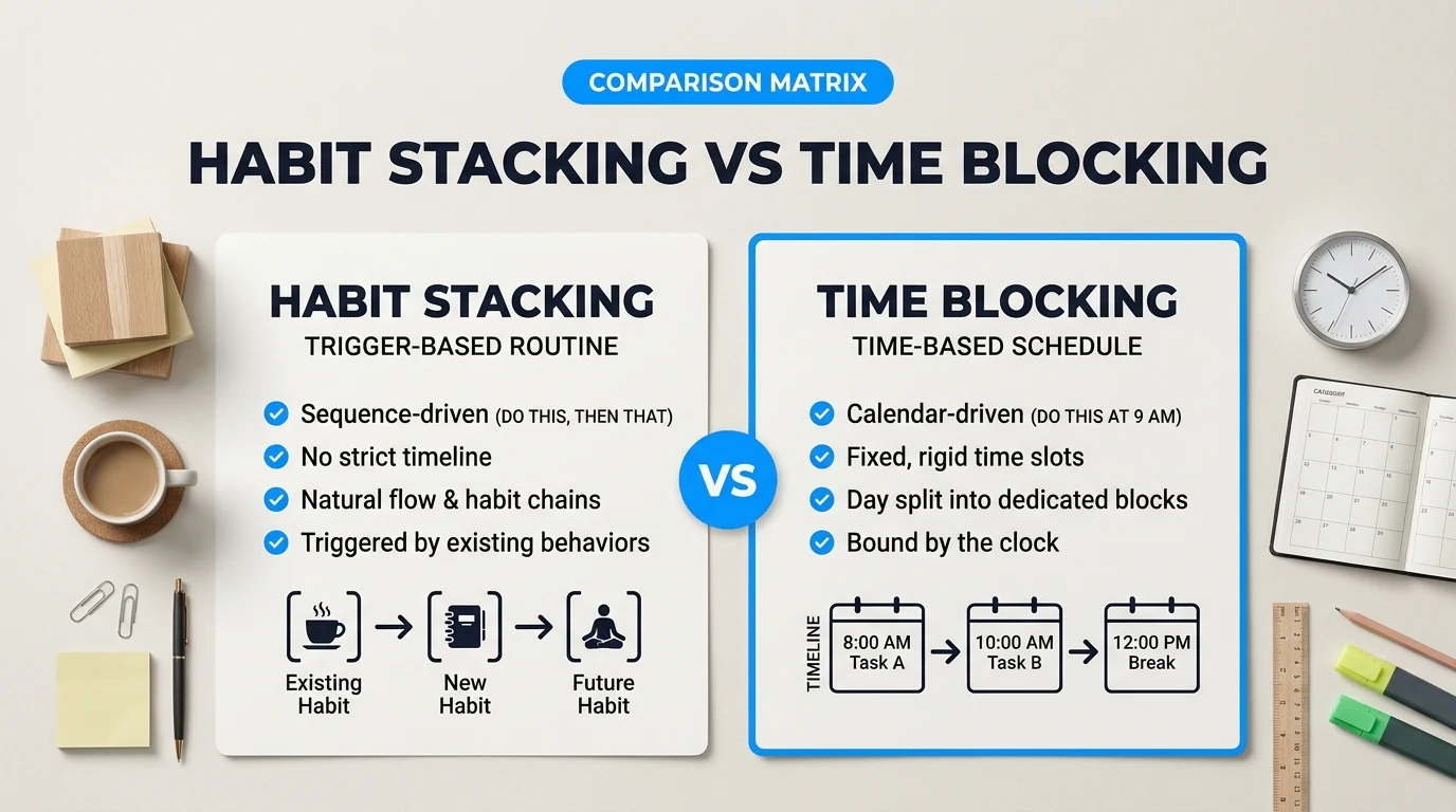 Comparison chart illustration explaining Habit Stacking vs Time Blocking: What Are the Core Operational Differences?
