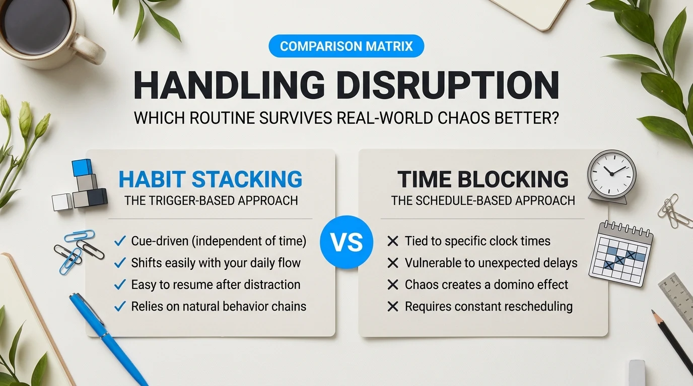 Comparison chart illustration explaining Handling Disruption: Which Framework Survives Real-World Chaos Better? in relation to habit stacking vs time blocking