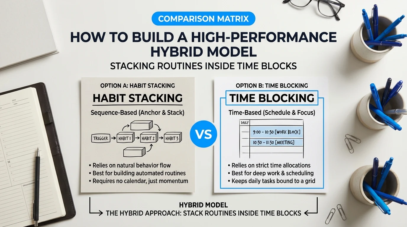 Comparison chart illustration explaining How to Build a High-Performance Hybrid Model: Stacking Routines Inside Time Blocks in relation to habit stacking vs time blocking