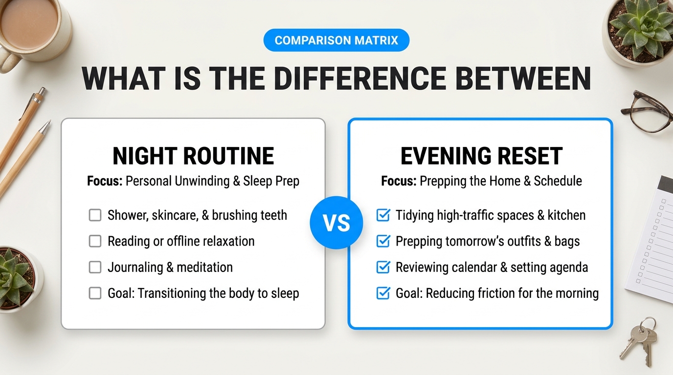 Process breakdown diagram explaining What Is the Difference Between a Night Routine and an Evening Reset? in relation to evening reset routine checklist