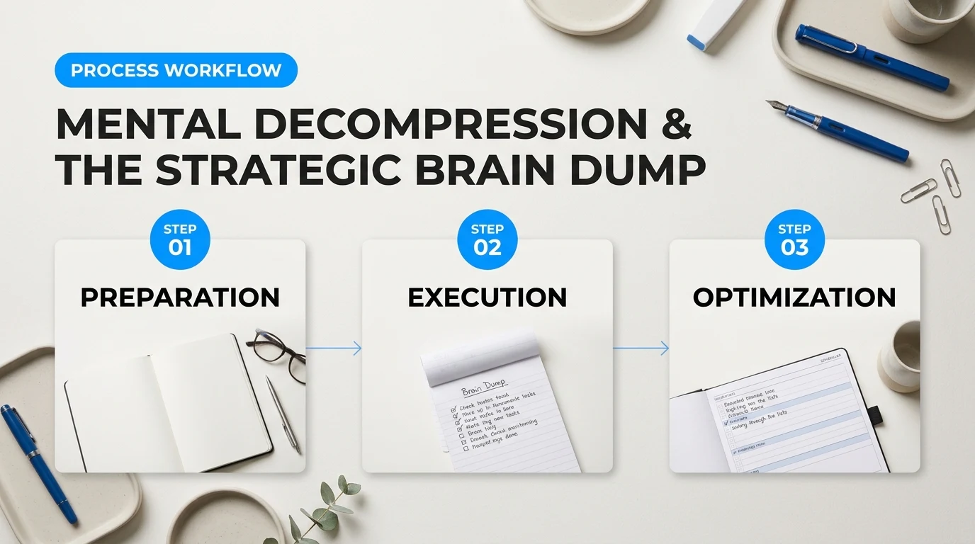 Process breakdown diagram explaining Phase 2: Mental Decompression and the Strategic Brain Dump in relation to evening reset routine checklist