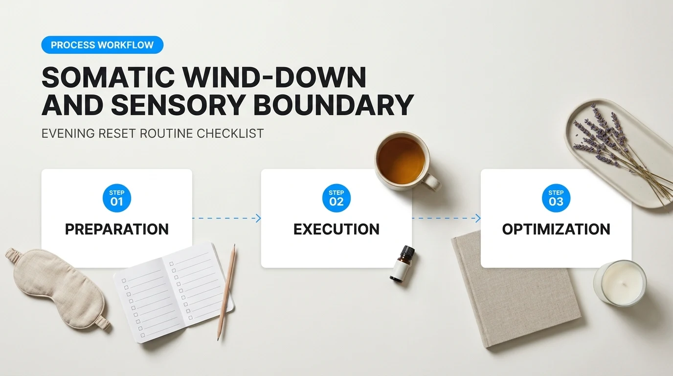 Process breakdown diagram explaining Phase 3: Somatic Wind-Down and Sensory Boundary Setting in relation to evening reset routine checklist
